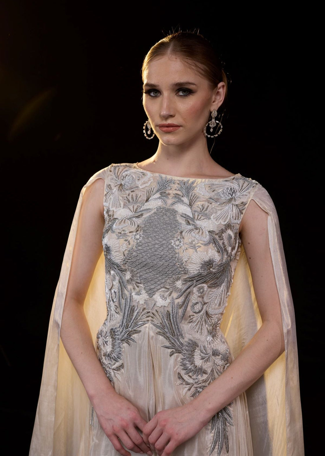 Ivory Draped Gown with Silver Embellished Bodice - samantchauhan Apparel & Accessories