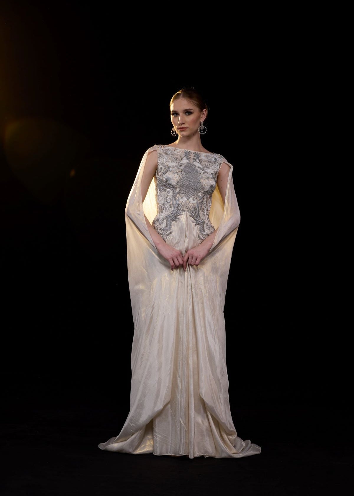 Ivory Draped Gown with Silver Embellished Bodice - samantchauhan Apparel & Accessories
