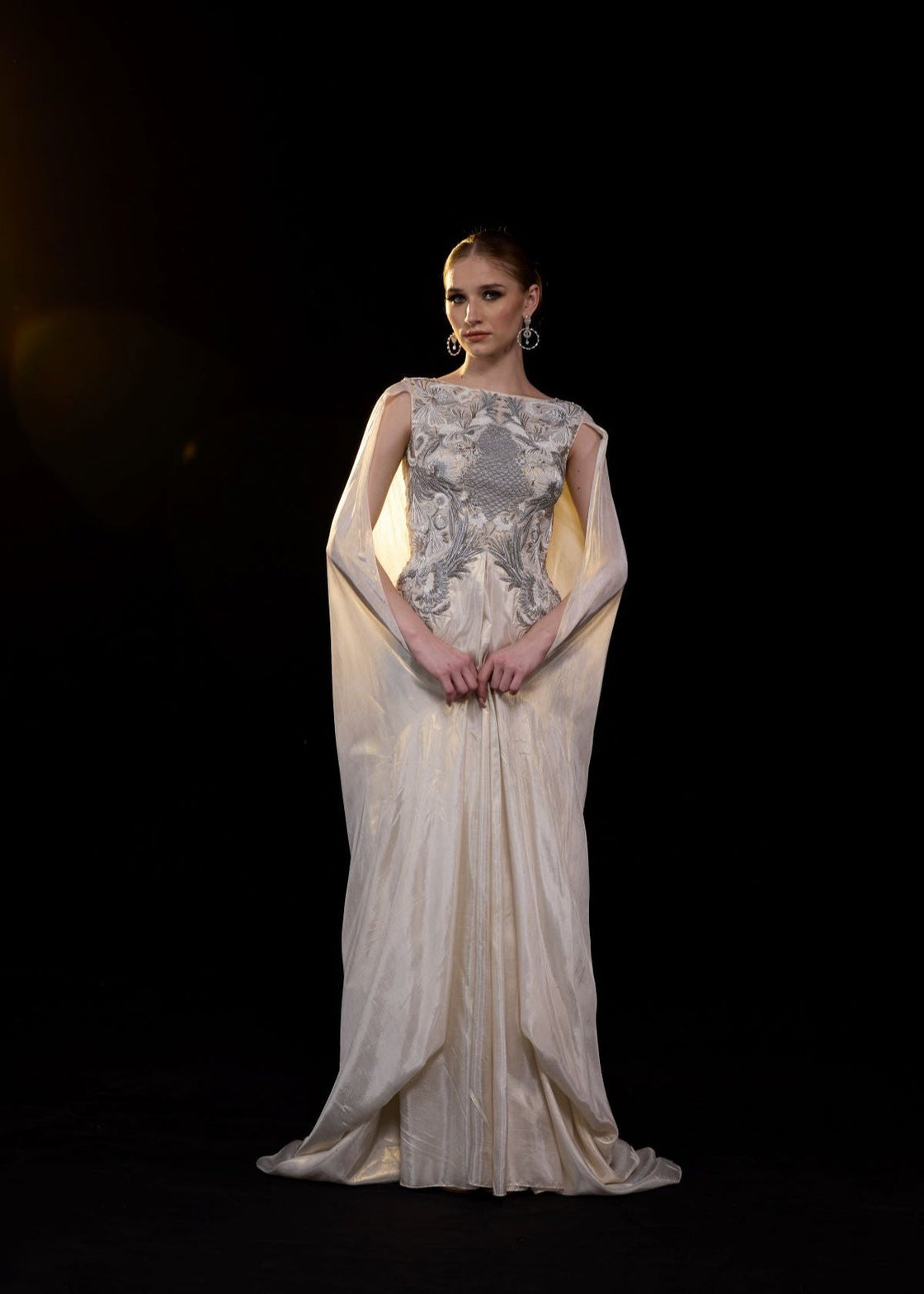 Ivory Draped Gown with Silver Embellished Bodice - samantchauhan Apparel & Accessories