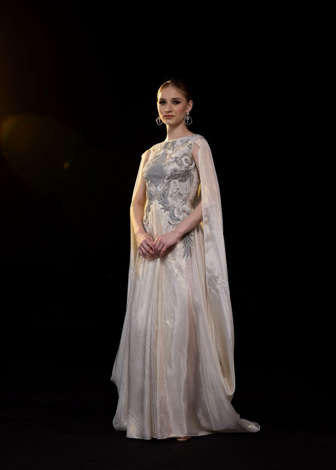 Ivory Draped Gown with Silver Embellished Bodice - samantchauhan Apparel & Accessories
