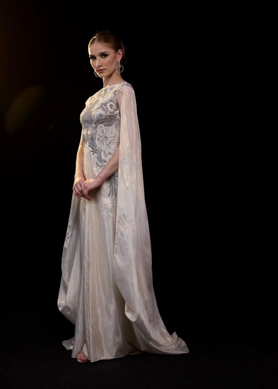 Ivory Draped Gown with Silver Embellished Bodice - samantchauhan Apparel & Accessories