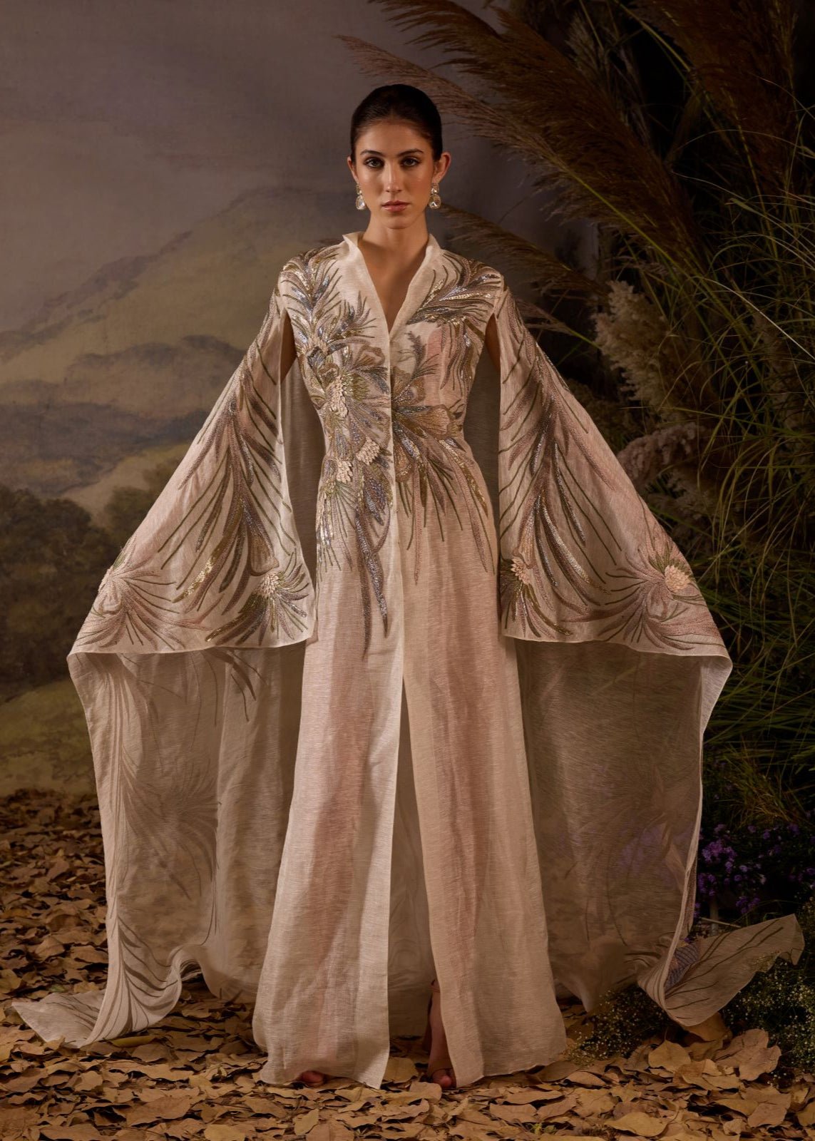 Ivory Hand - Embroidered Cape Overlay with Botanical Motifs - samantchauhan Apparel & Accessories