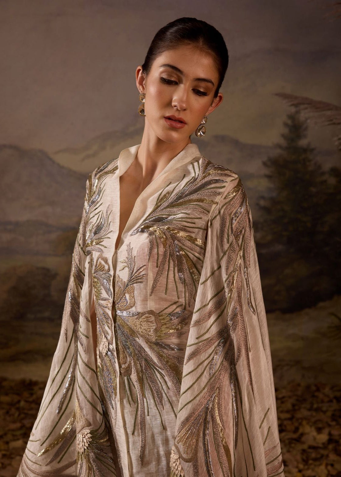 Ivory Hand - Embroidered Cape Overlay with Botanical Motifs - samantchauhan Apparel & Accessories