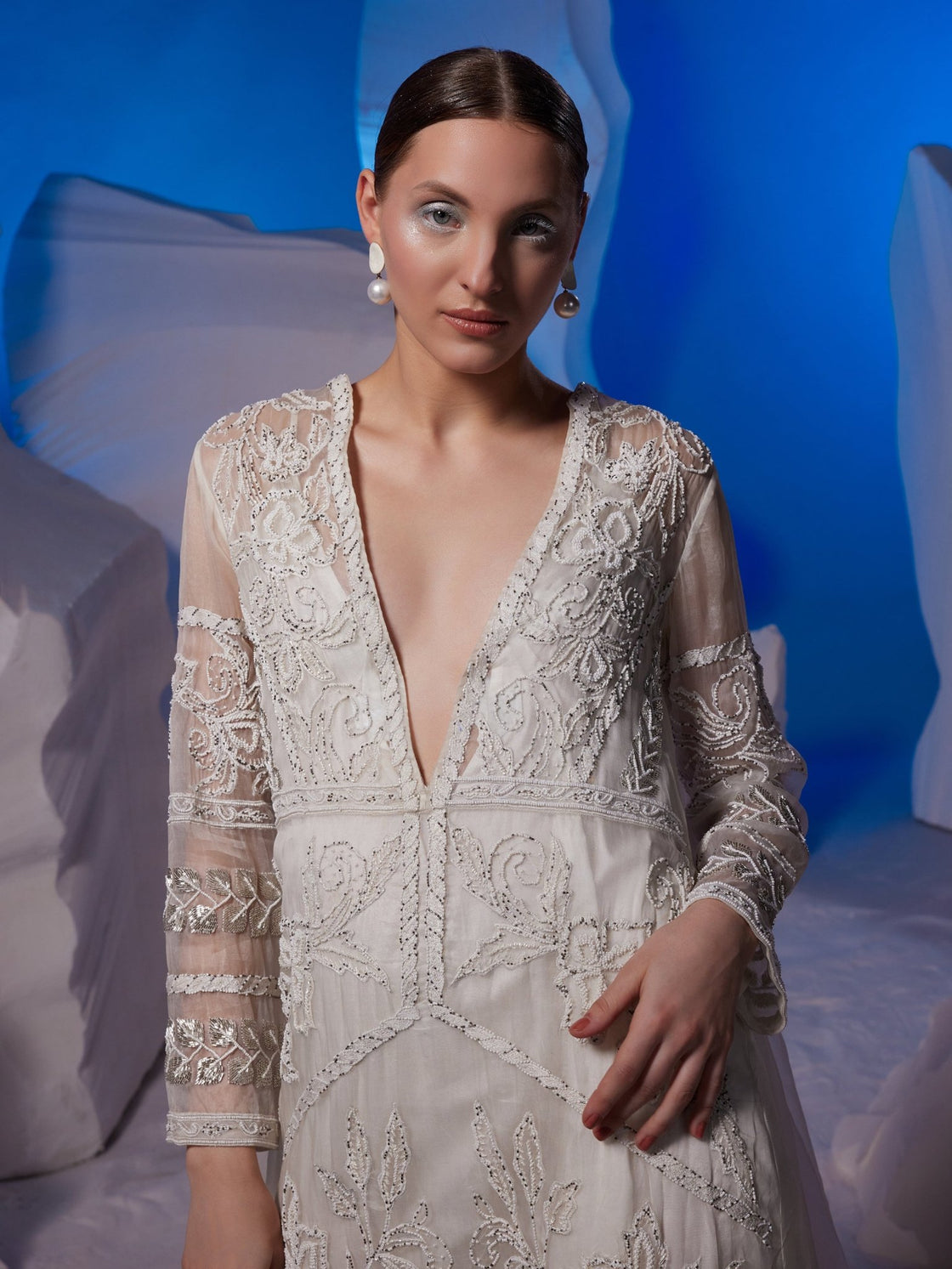 Ivory organza silk sheer kurta with attached trail - samantchauhan Apparel & Accessories