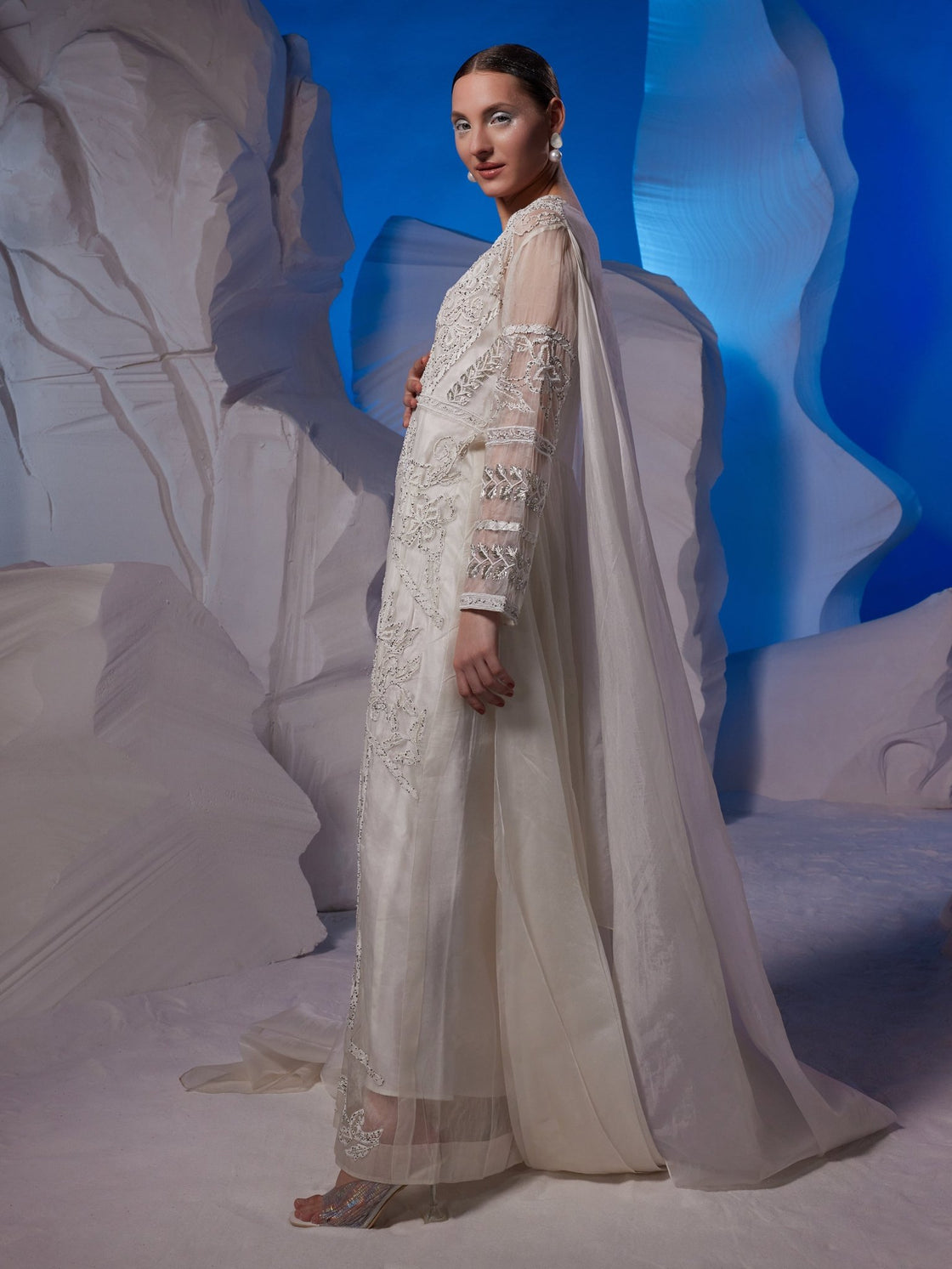 Ivory organza silk sheer kurta with attached trail - samantchauhan Apparel & Accessories