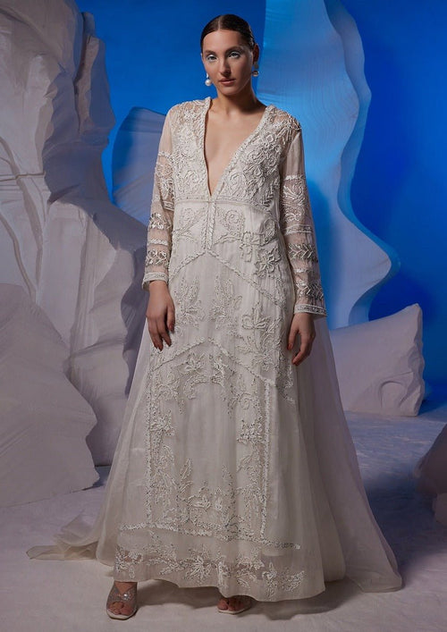 Ivory organza silk sheer kurta with attached trail - samantchauhan Apparel & Accessories