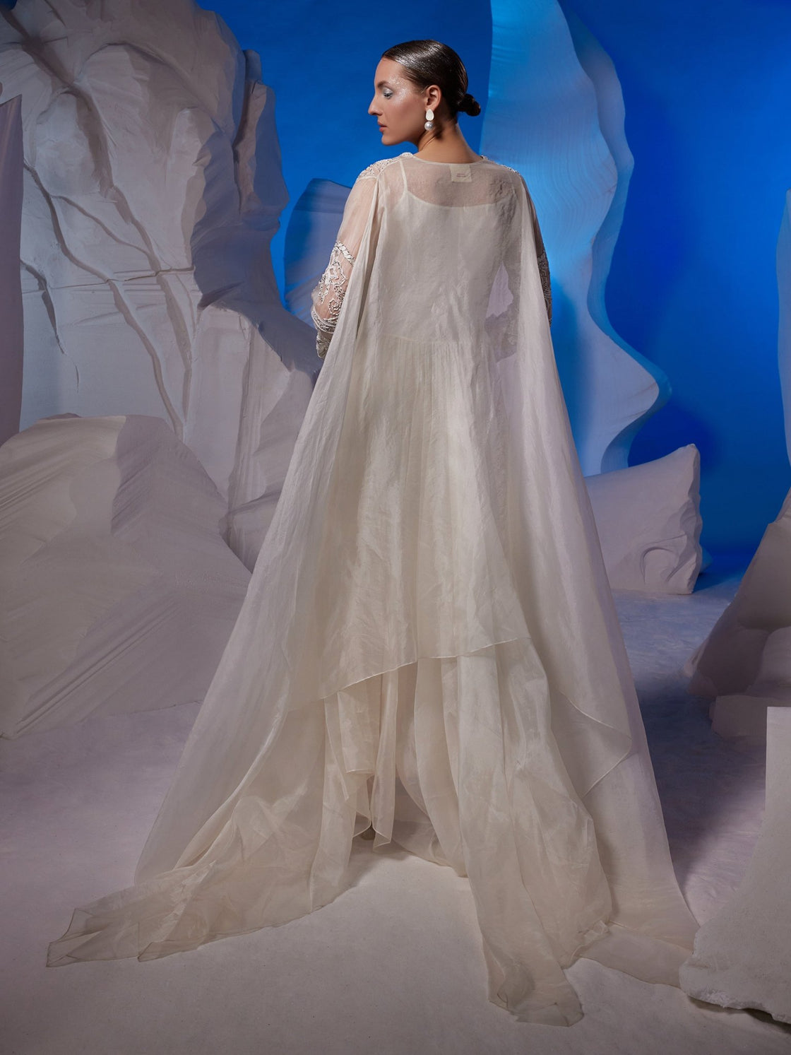 Ivory organza silk sheer kurta with attached trail - samantchauhan Apparel & Accessories