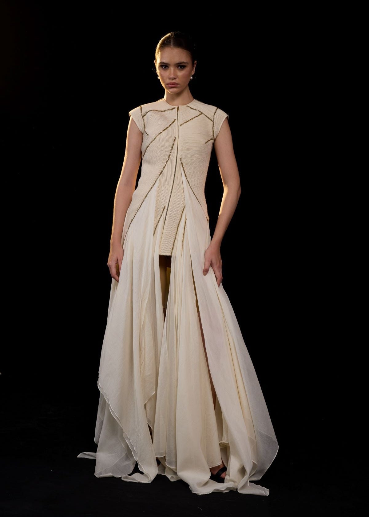 Ivory structured gown with a sculpted bodice and flowing layered panels - samantchauhan Apparel & Accessories