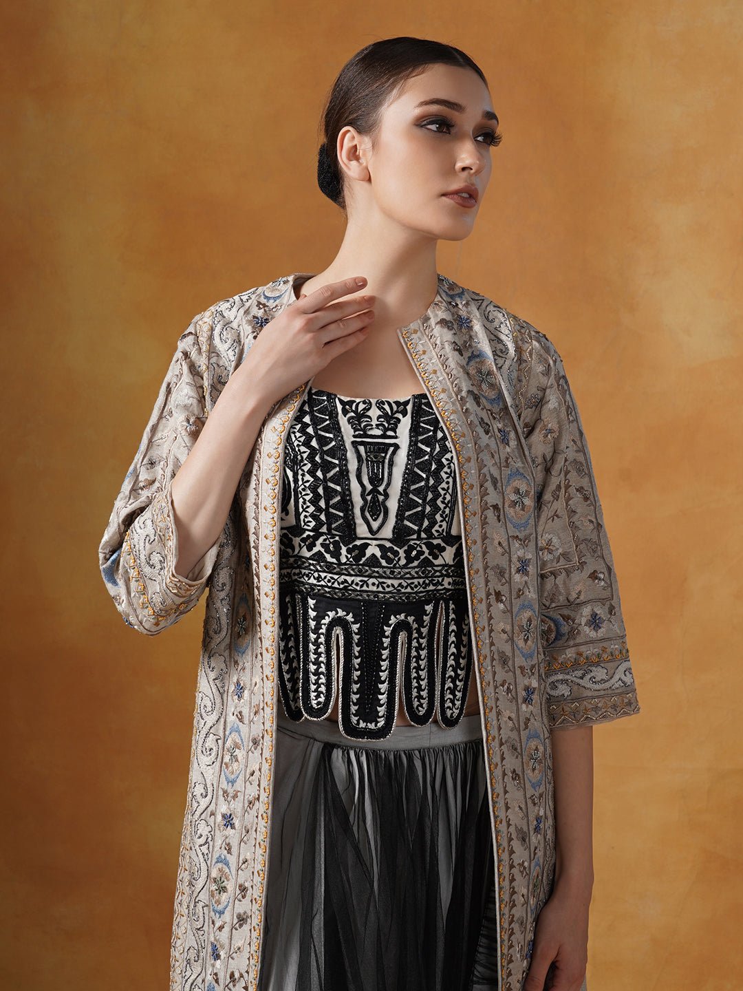 Linen silk jacket topped over a net drape skirt and embellished crop top - samantchauhan Apparel & Accessories
