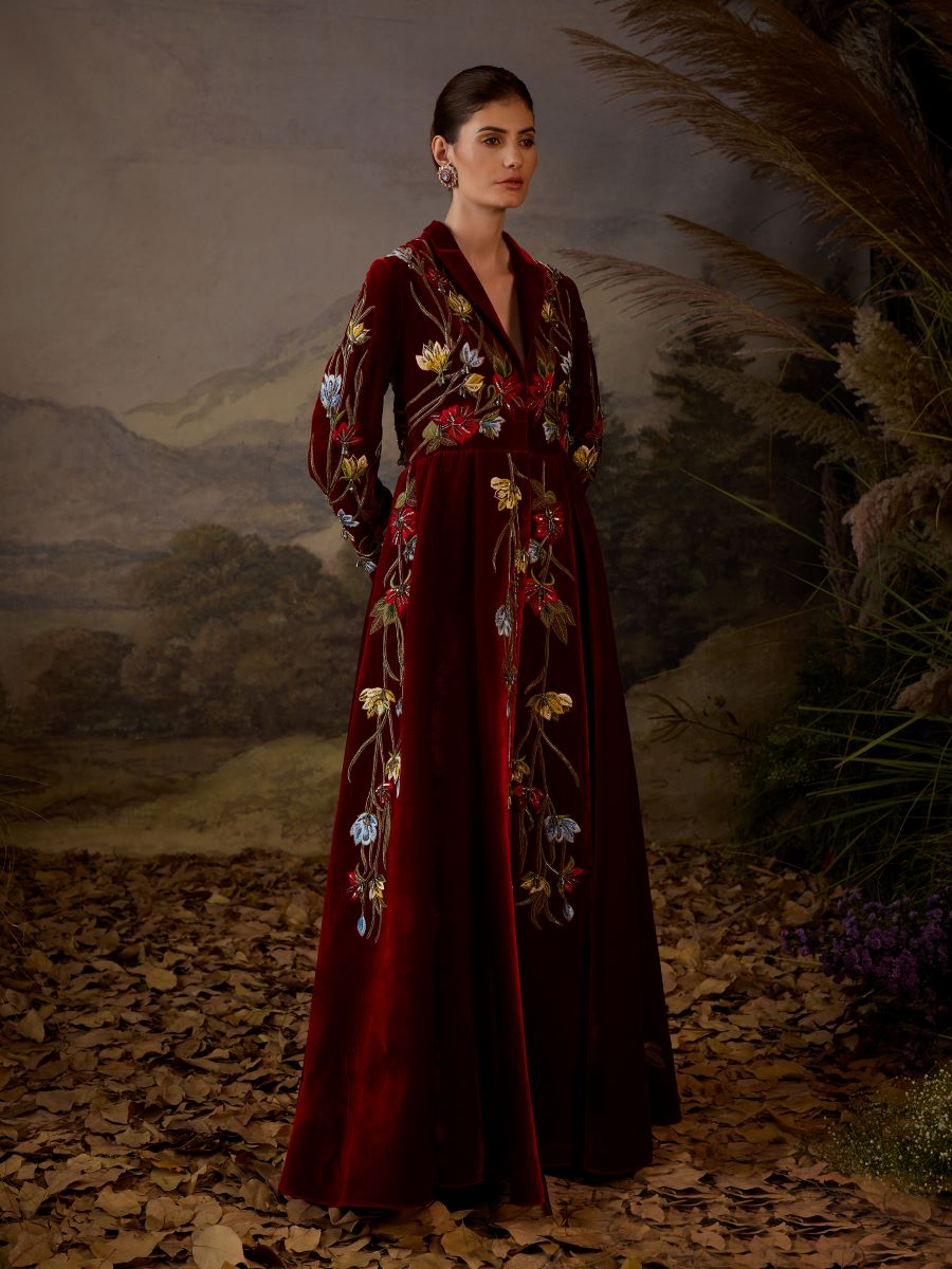 Mandarin - collared Embroidered Jacket Gown - samantchauhan Apparel & Accessories