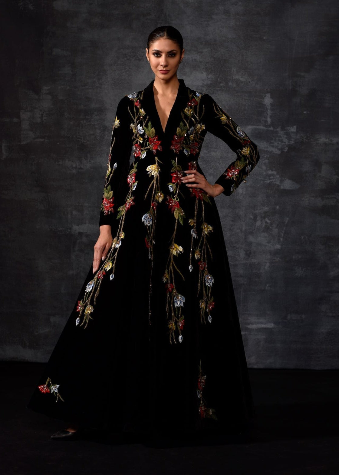 Mandarin - collared Embroidered Jacket Gown - samantchauhan Apparel & Accessories