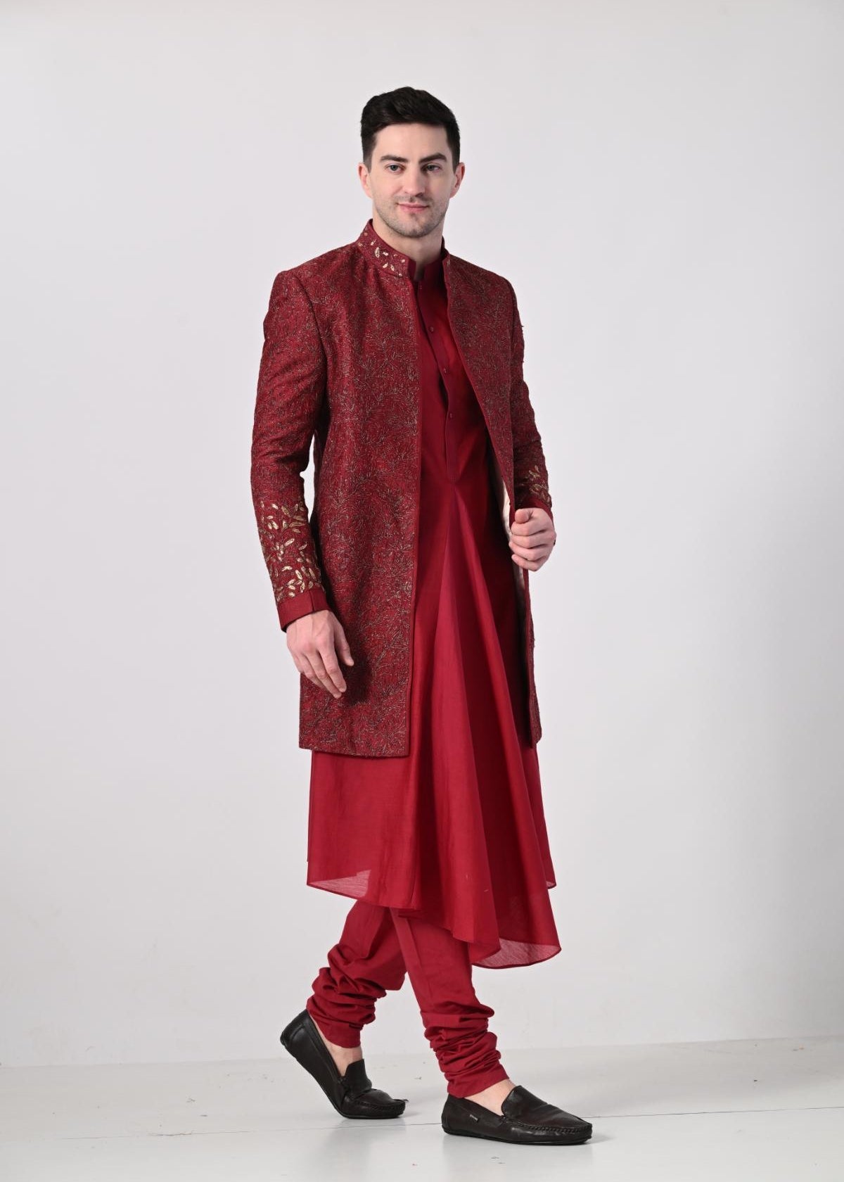 maroon Indo - Western outfit featuring a heavily embroidered sherwani jacket - samantchauhan Apparel & Accessories