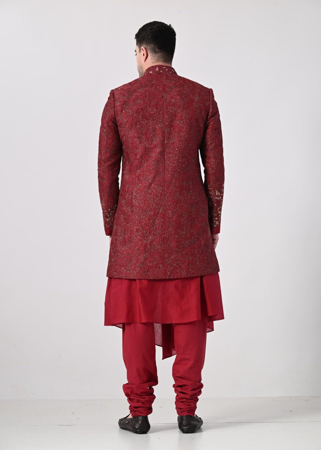 maroon Indo - Western outfit featuring a heavily embroidered sherwani jacket - samantchauhan Apparel & Accessories