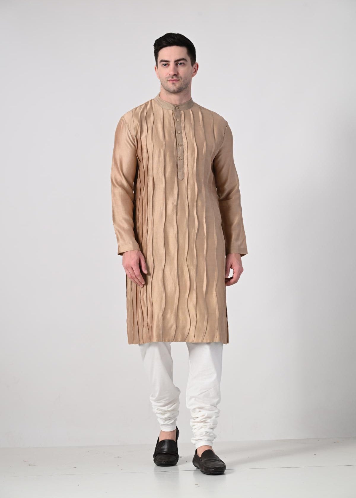 Men's Beige Textured Kurta with White Churidar - samantchauhan Apparel & Accessories