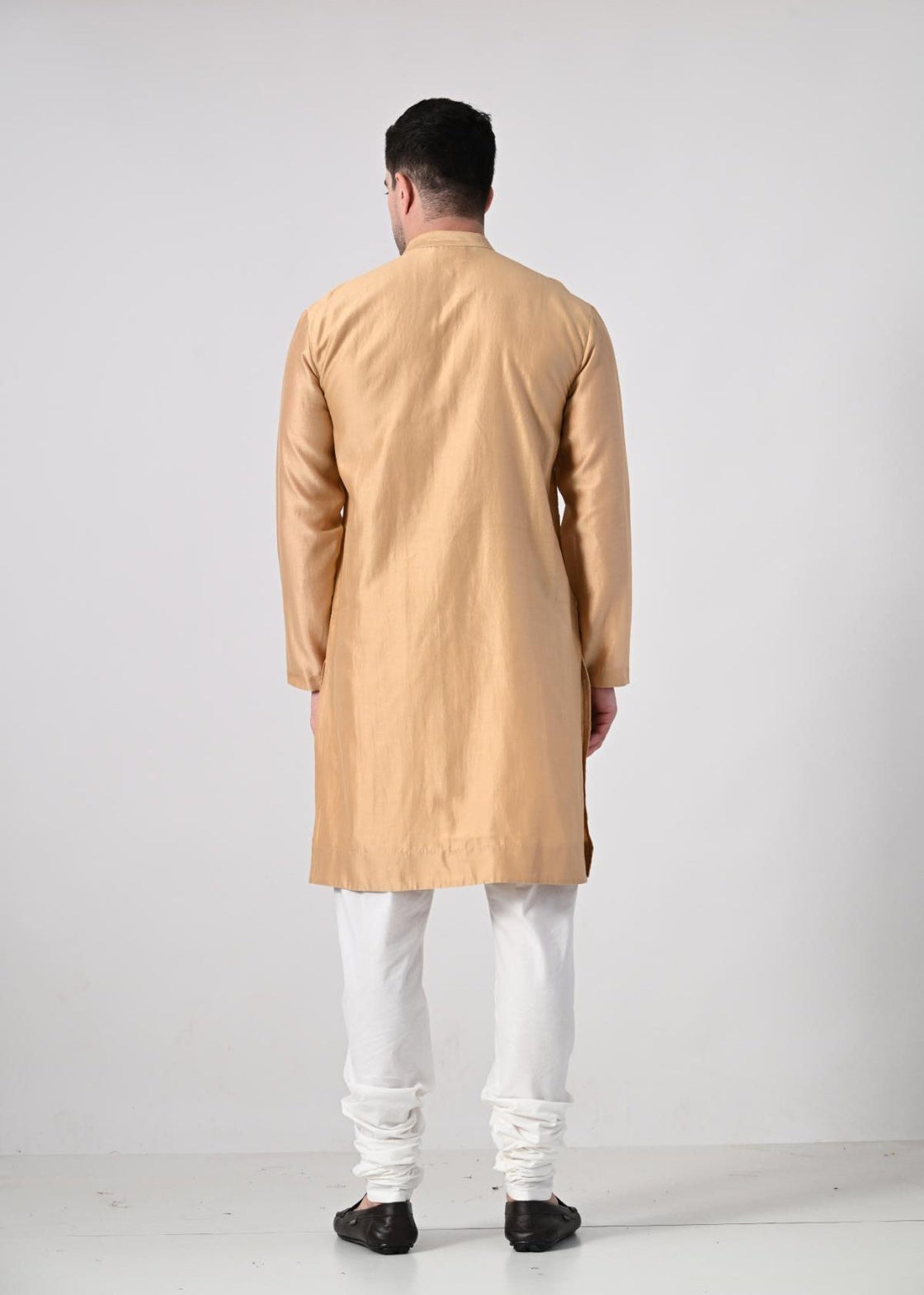 Men's Golden Beige Diagonal Textured Kurta with White Churidar - samantchauhan Apparel & Accessories