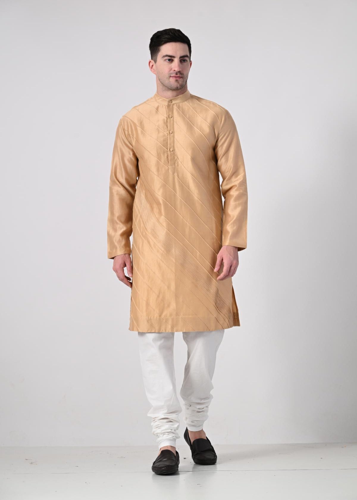 Men's Golden Beige Diagonal Textured Kurta with White Churidar - samantchauhan Apparel & Accessories