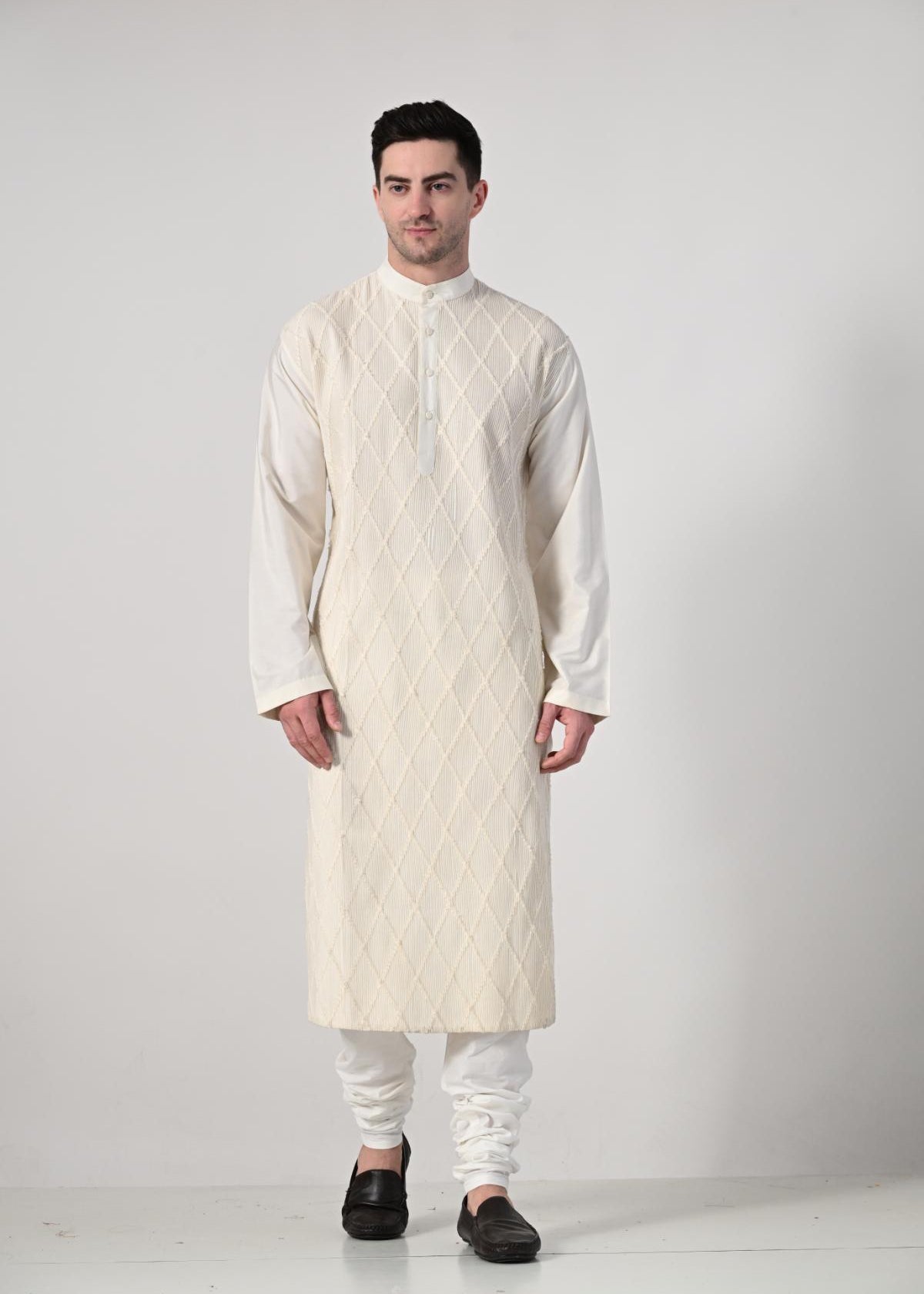 Men's Ivory Embroidered Kurta with White Churidar - samantchauhan Apparel & Accessories