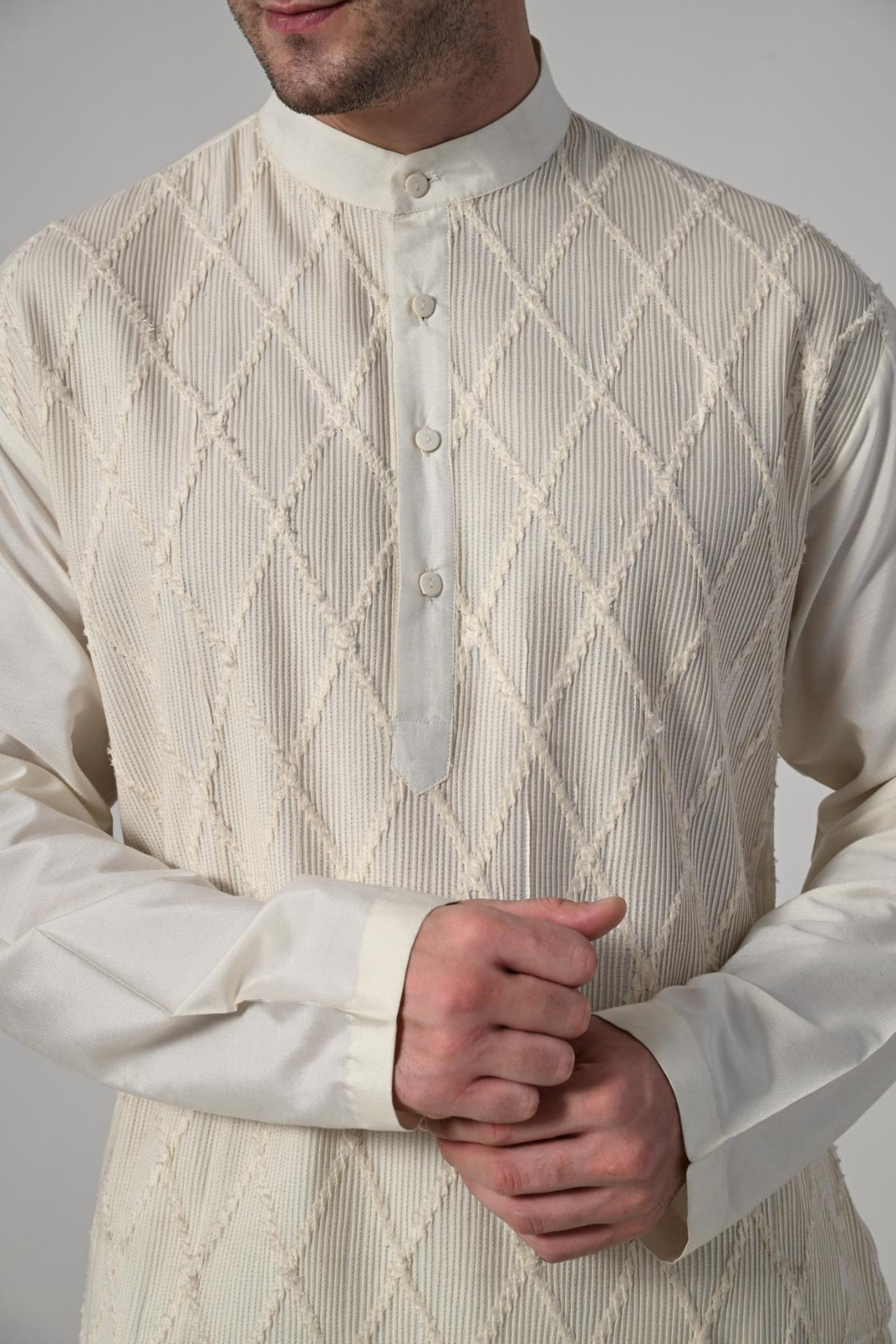 Men's Ivory Embroidered Kurta with White Churidar - samantchauhan Apparel & Accessories