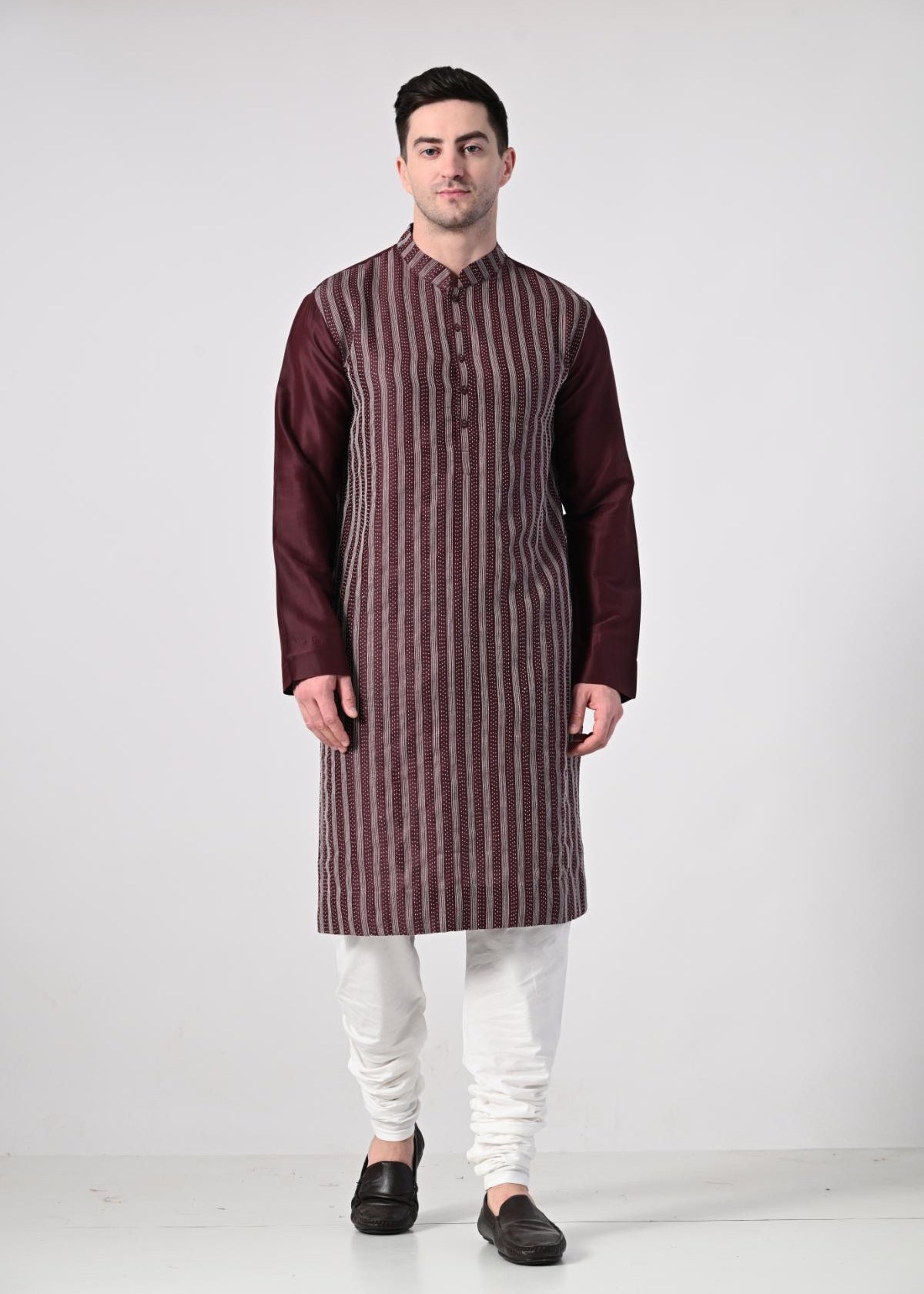 Men's Maroon Striped Kurta with White Churidar - samantchauhan Apparel & Accessories