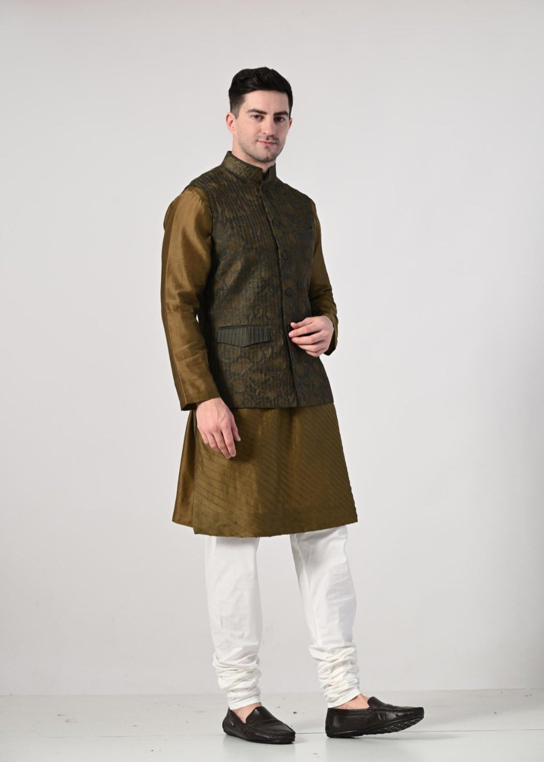 Men's Olive Green Kurta Set with Brocade Nehru Jacket - samantchauhan Apparel & Accessories