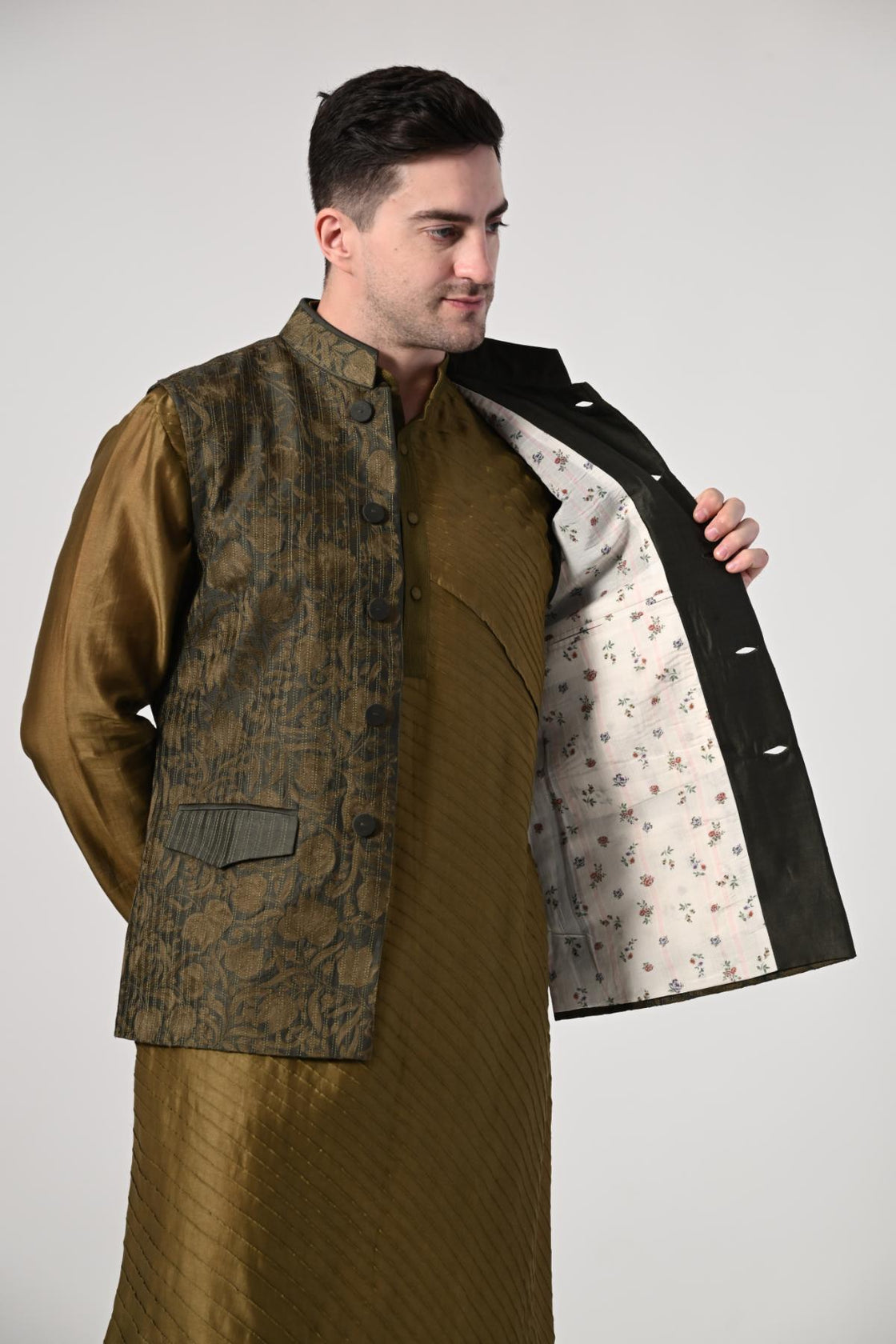 Men's Olive Green Kurta Set with Brocade Nehru Jacket - samantchauhan Apparel & Accessories