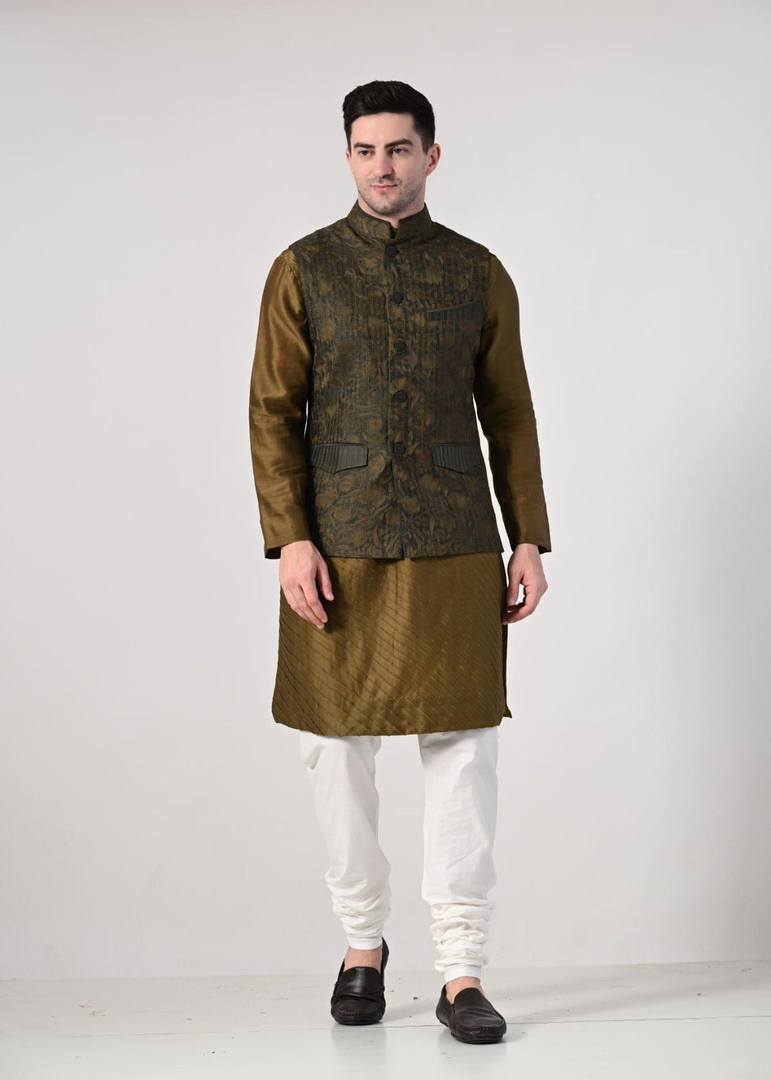 Men's Olive Green Kurta Set with Brocade Nehru Jacket - samantchauhan Apparel & Accessories