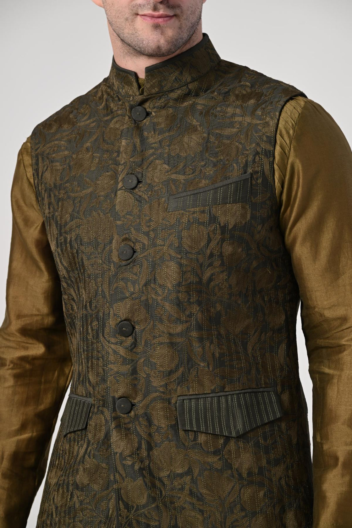 Men's Olive Green Kurta Set with Brocade Nehru Jacket - samantchauhan Apparel & Accessories