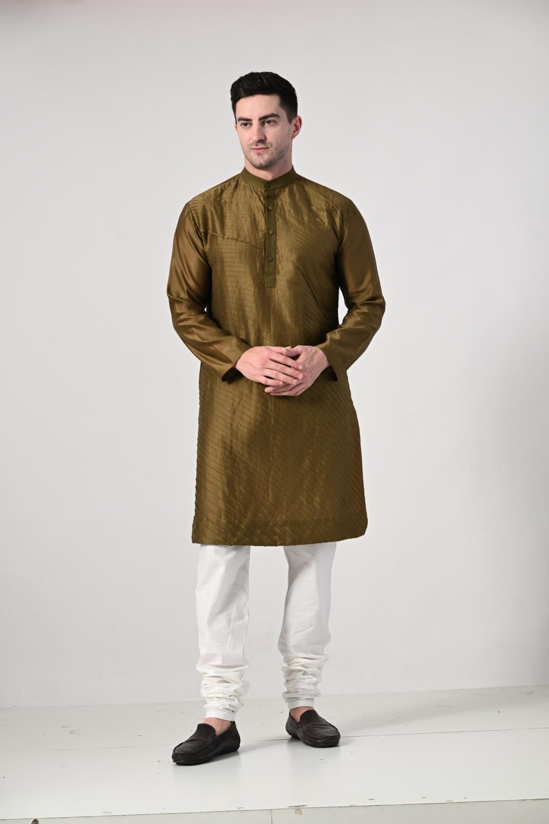 Men's Olive Green Kurta Set with Brocade Nehru Jacket - samantchauhan Apparel & Accessories