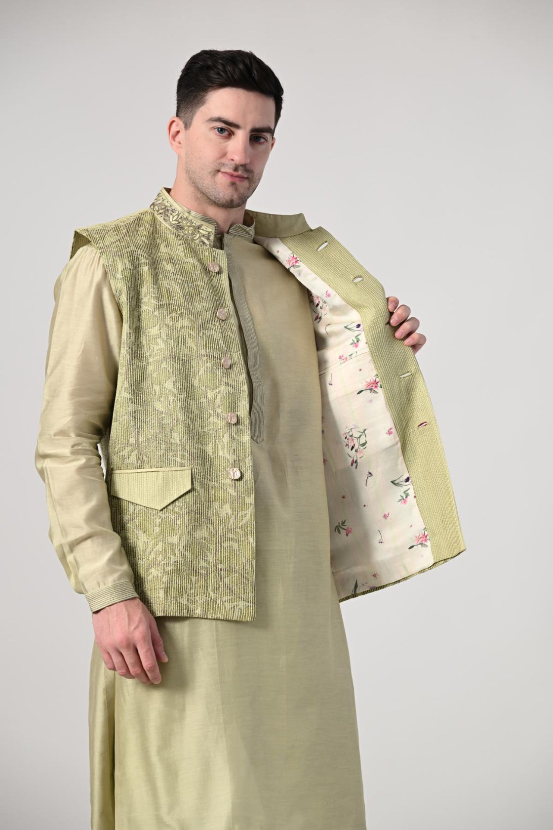 Men's Pistachio Green Kurta Set with Embroidered Nehru Jacket - samantchauhan Apparel & Accessories
