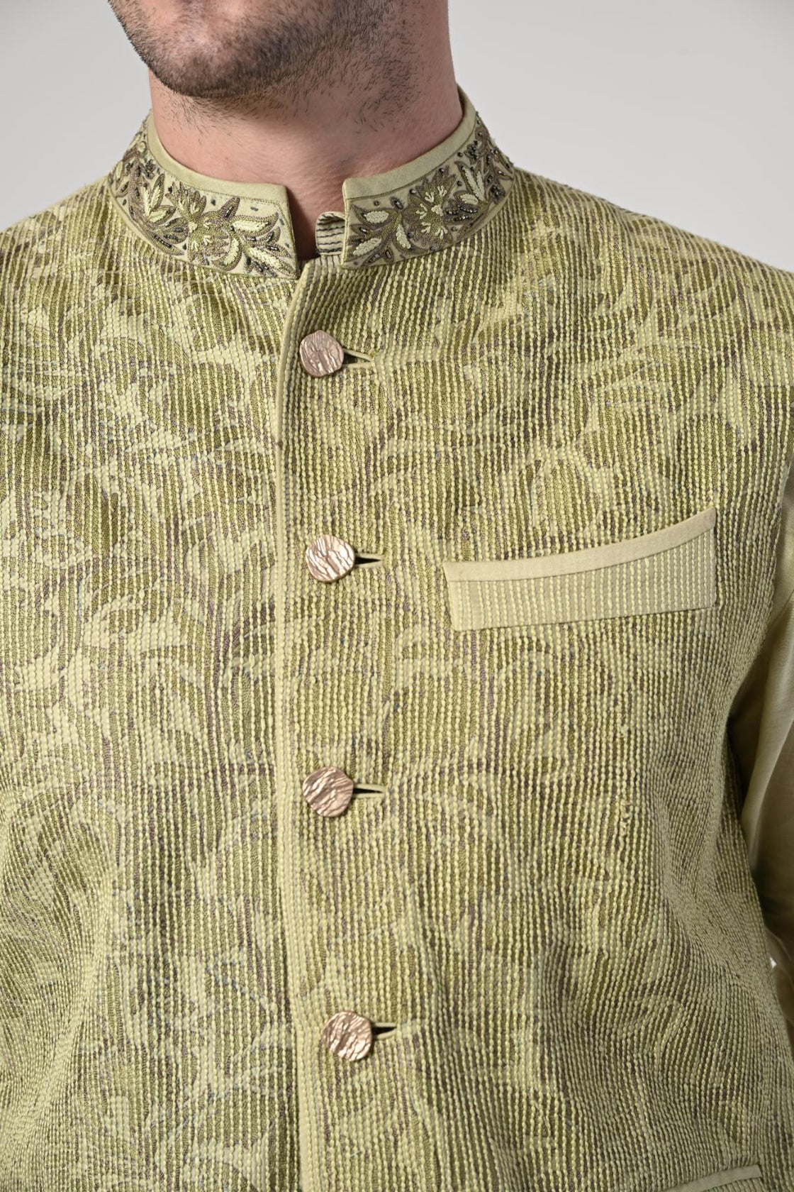 Men's Pistachio Green Kurta Set with Embroidered Nehru Jacket - samantchauhan Apparel & Accessories