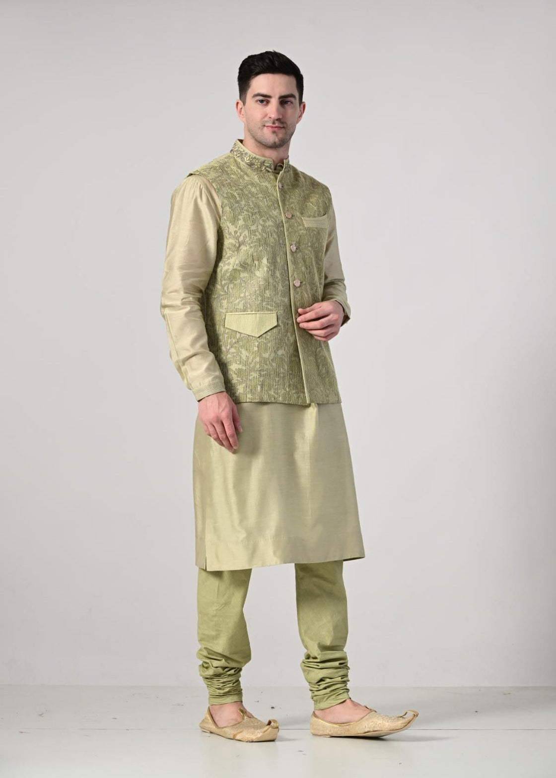 Men's Pistachio Green Kurta Set with Embroidered Nehru Jacket - samantchauhan Apparel & Accessories