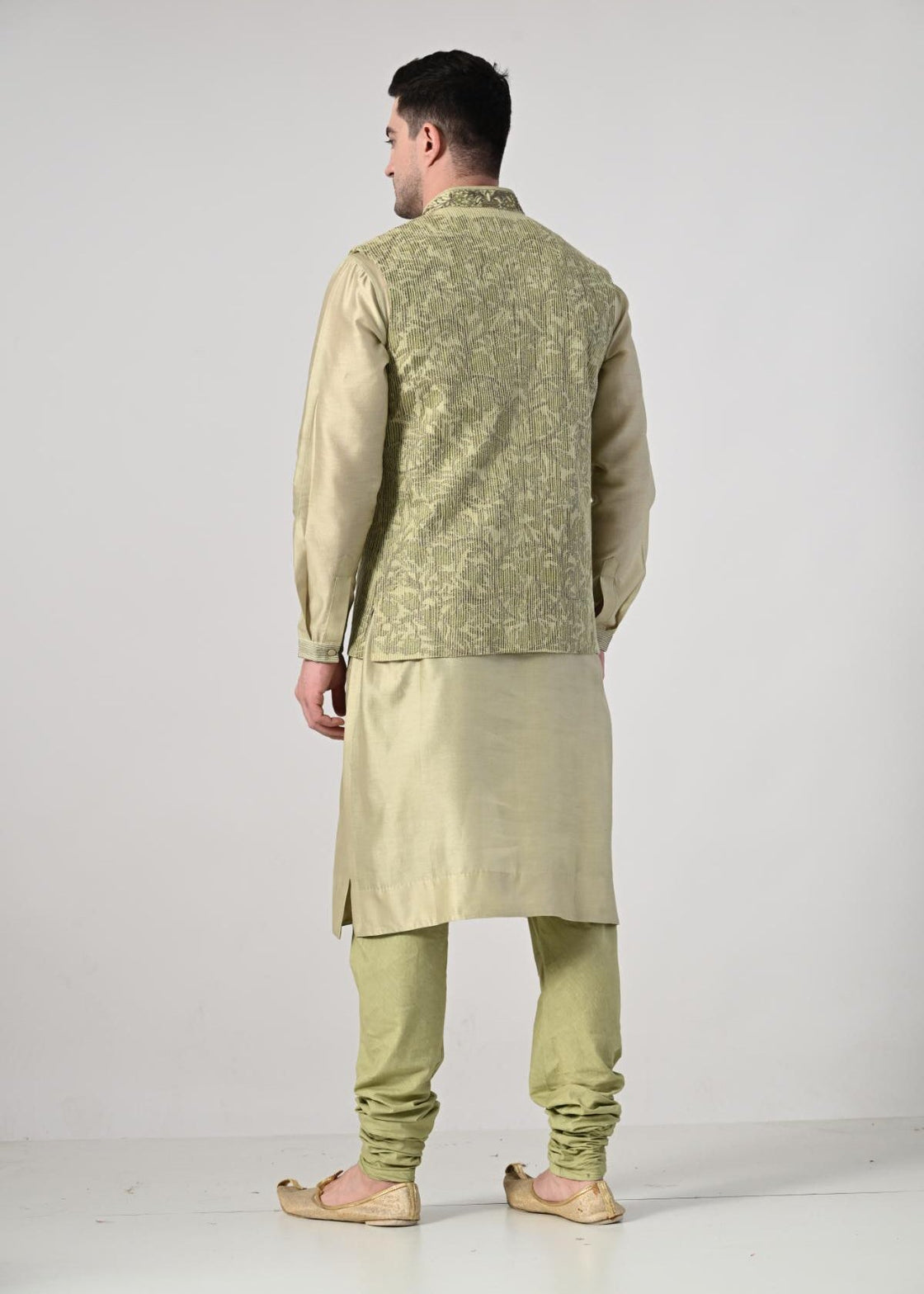 Men's Pistachio Green Kurta Set with Embroidered Nehru Jacket - samantchauhan Apparel & Accessories