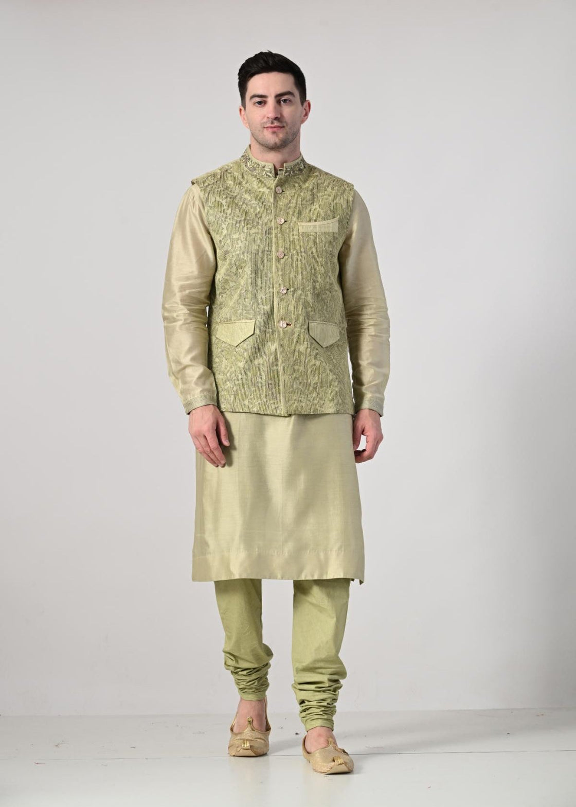 Men's Pistachio Green Kurta Set with Embroidered Nehru Jacket - samantchauhan Apparel & Accessories