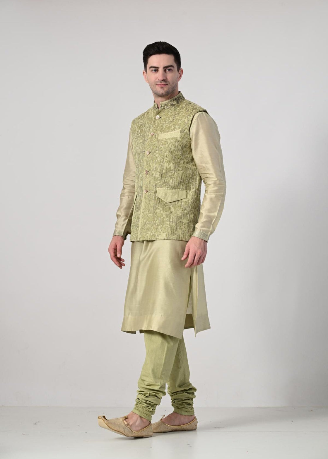 Men's Pistachio Green Kurta Set with Embroidered Nehru Jacket - samantchauhan Apparel & Accessories