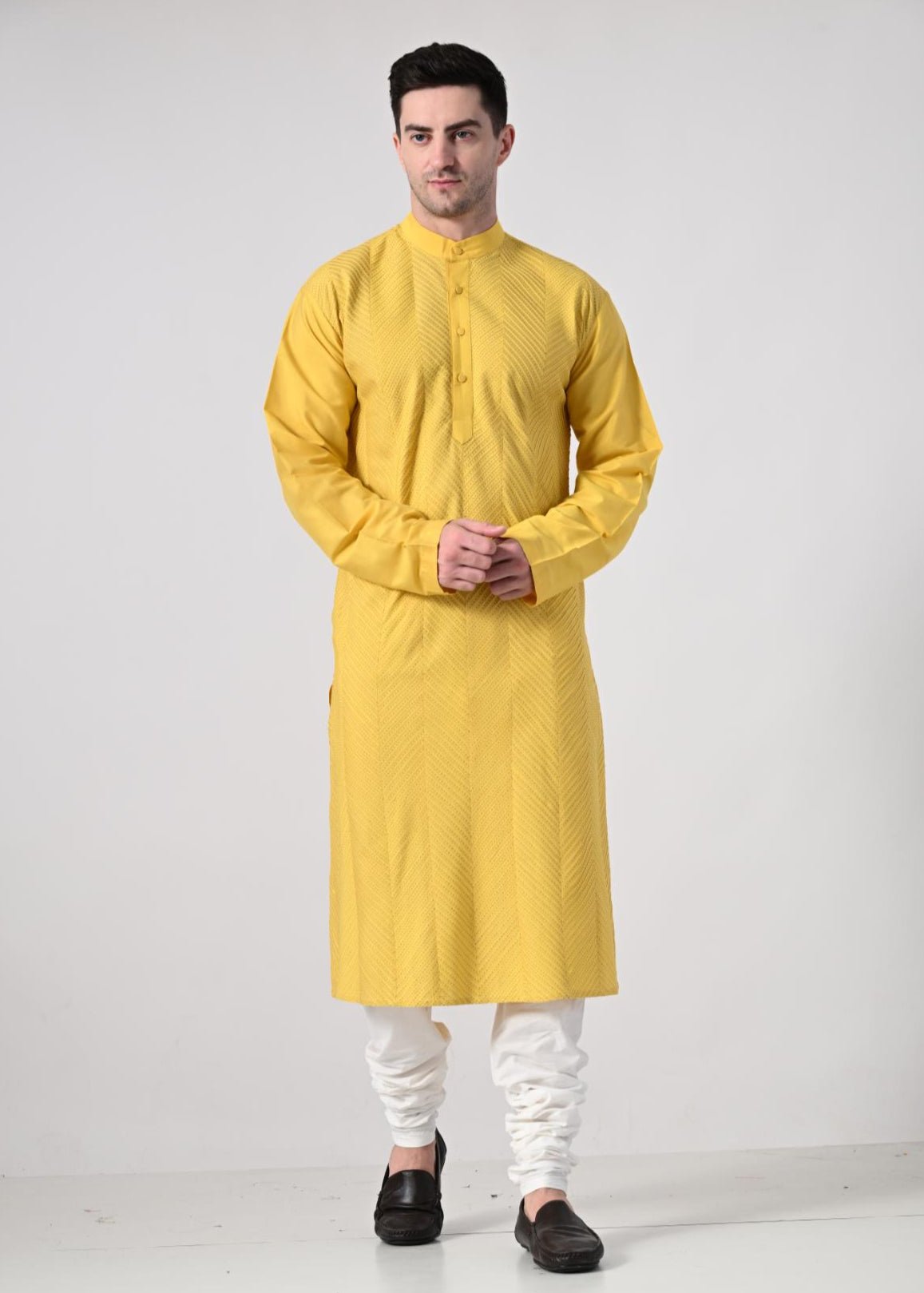 Men's Yellow Kurta with White Churidar - samantchauhan Apparel & Accessories