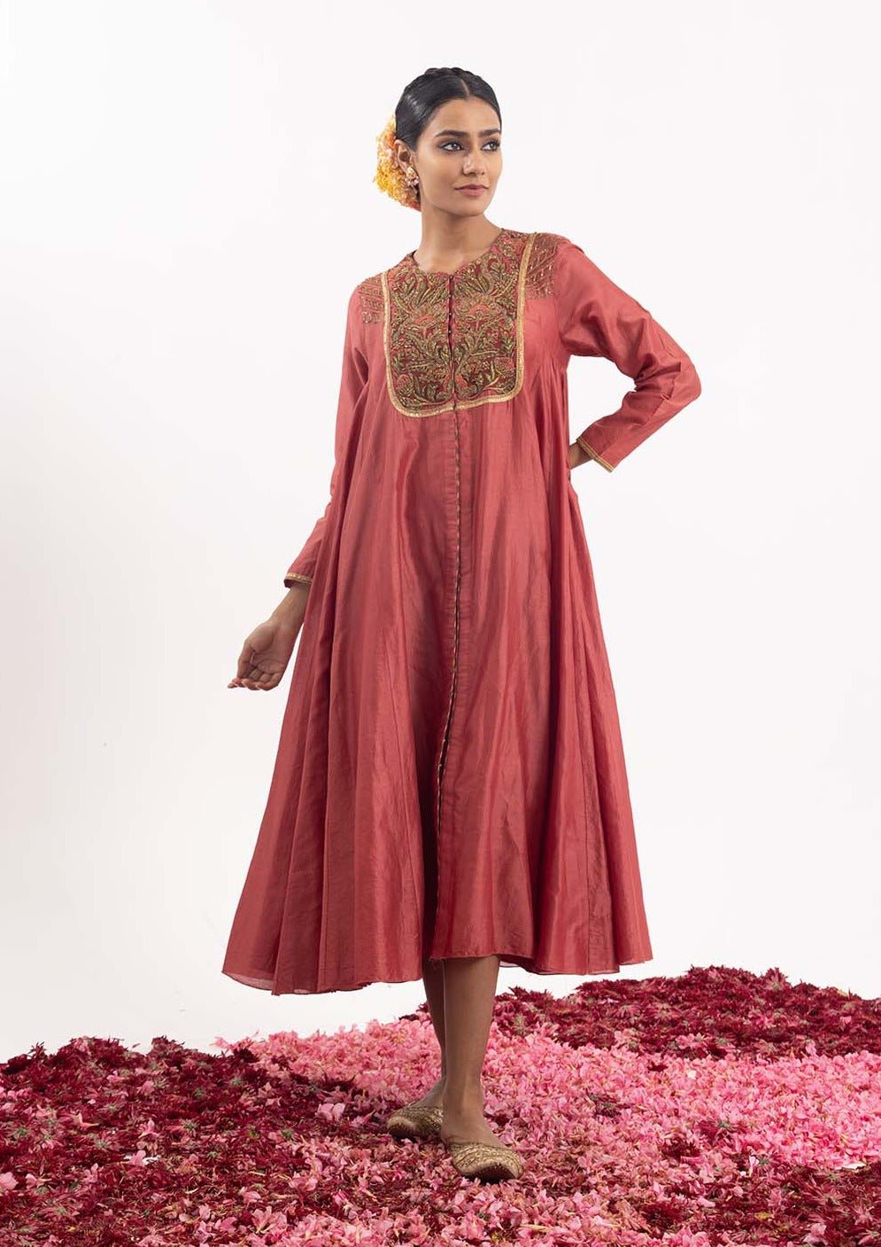 One - piece kalidaar set in dark coral cotton silk - samantchauhan Apparel & Accessories
