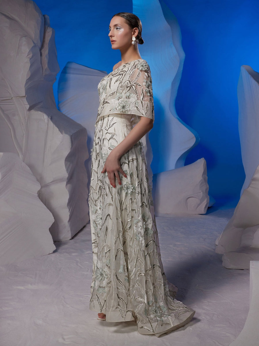 One-shoulder gown enhanced with glass bead embroidery – Samant Chauhan