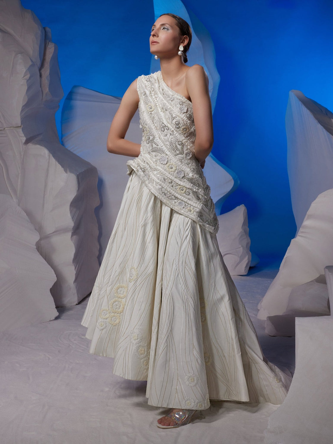 One - shoulder gown textured with frills - samantchauhan Apparel & Accessories