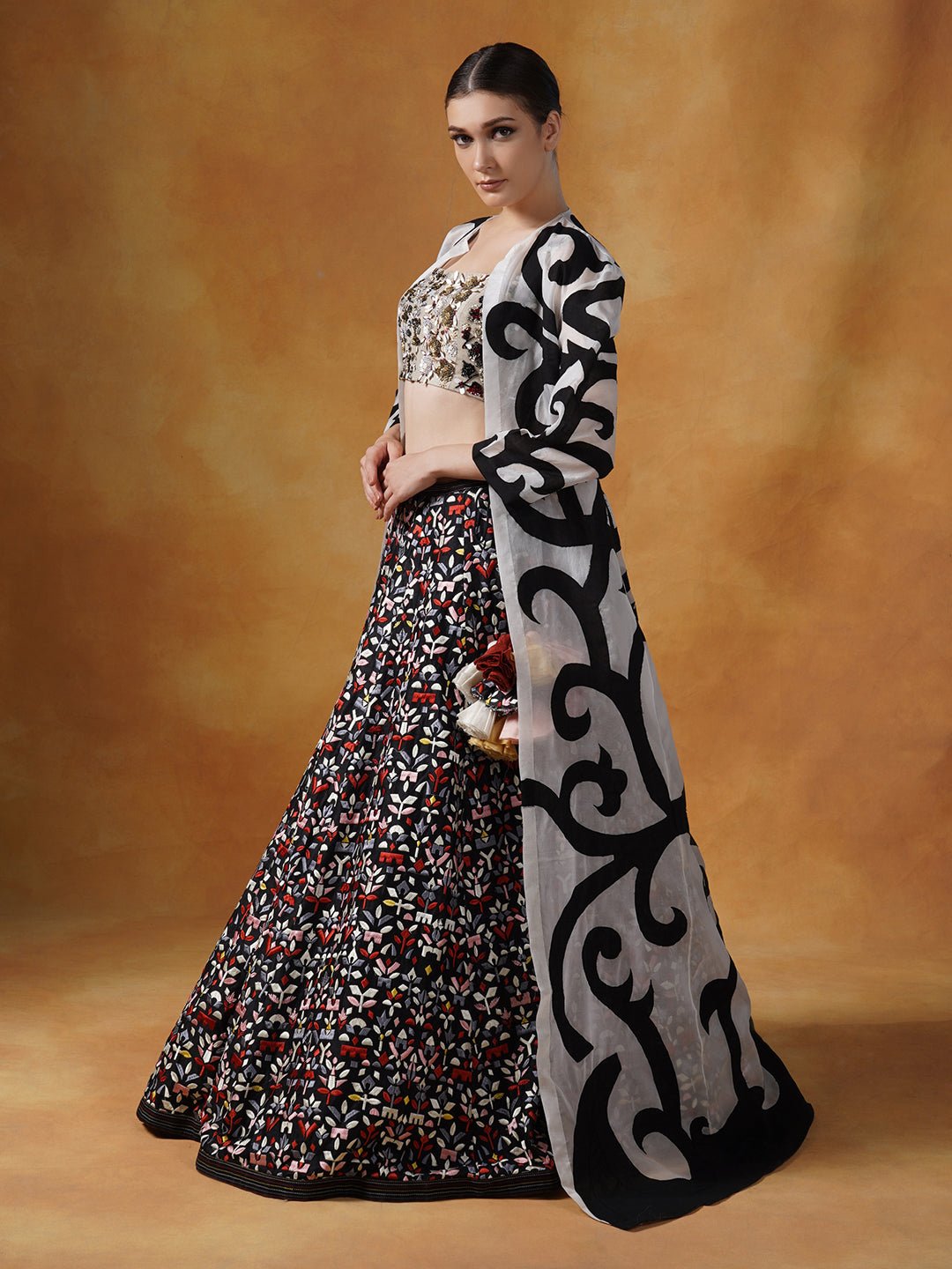Organza jacket with black appliqué work, topped over a lehenga set - samantchauhan Apparel & Accessories