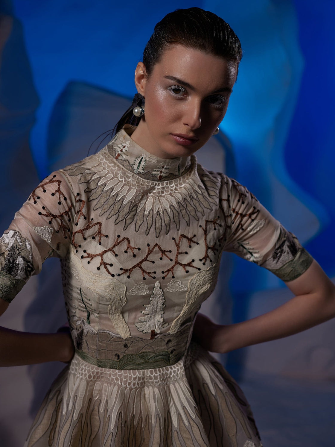 Organza silk gown showcasing tundra landscapes - samantchauhan Apparel & Accessories