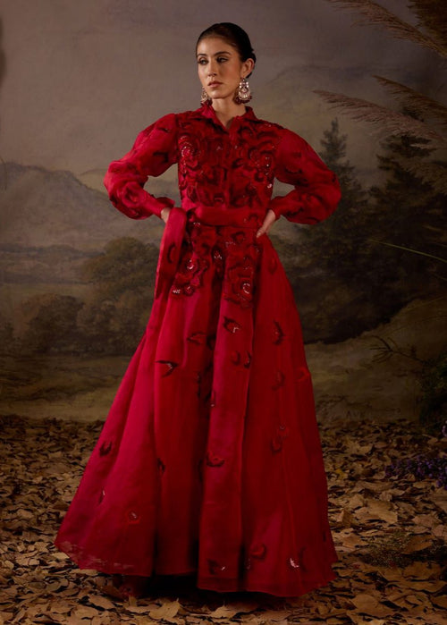 Scarlet Red Embroidered Gown - samantchauhan Apparel & Accessories