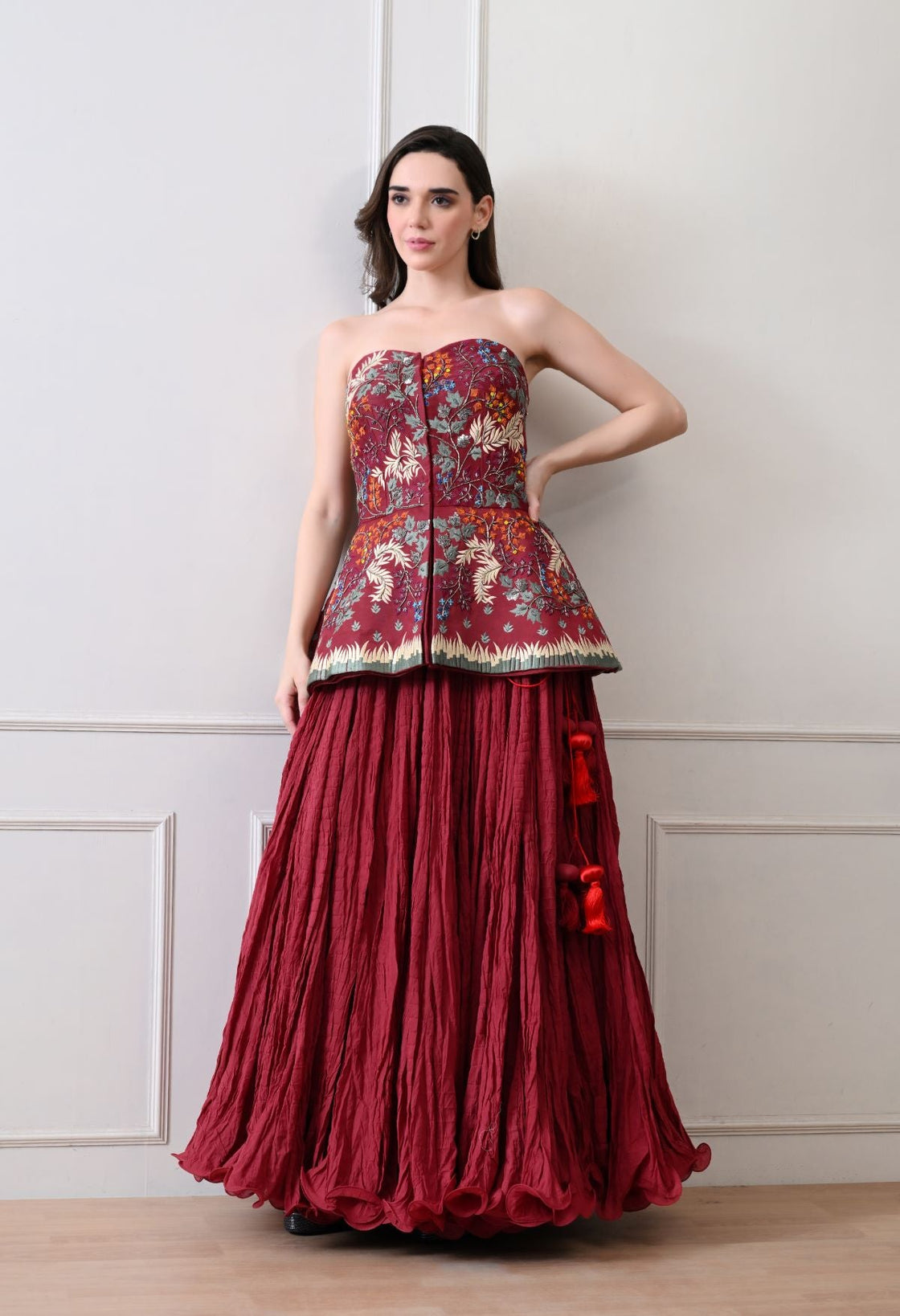 Stunning maroon strapless top with all - over floral embroidery - samantchauhan Apparel & Accessories