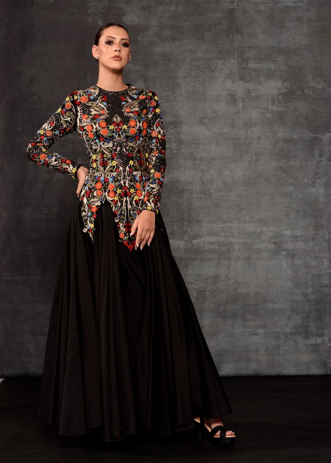 Vibrant Floral Embroidered Black Gown - samantchauhan Apparel & Accessories