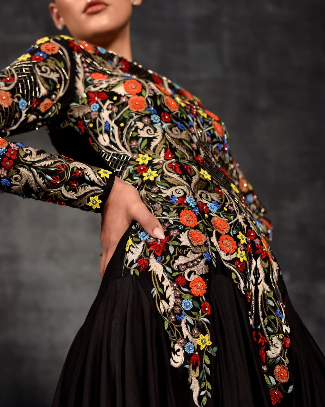 Vibrant Floral Embroidered Black Gown - samantchauhan Apparel & Accessories