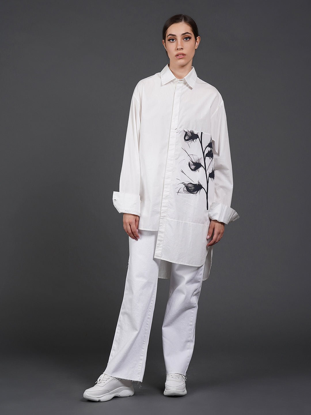 White asymmetric hem, stylish cotton shirt with digital print on it - samantchauhan