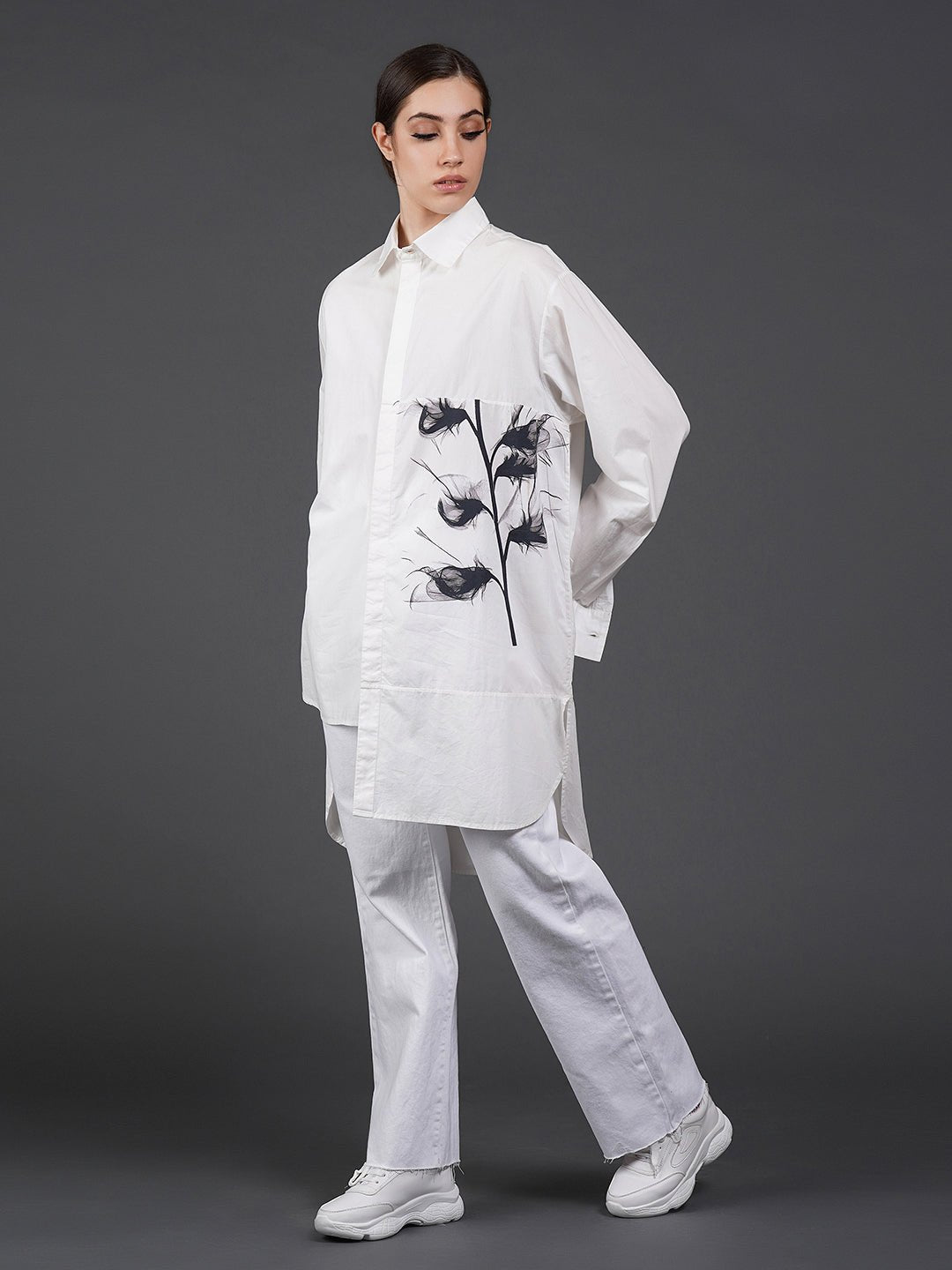 White asymmetric hem, stylish cotton shirt with digital print on it - samantchauhan