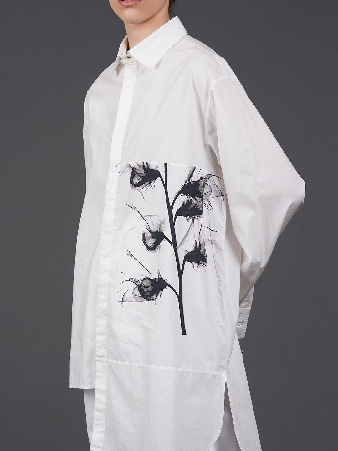 White asymmetric hem, stylish cotton shirt with digital print on it - samantchauhan