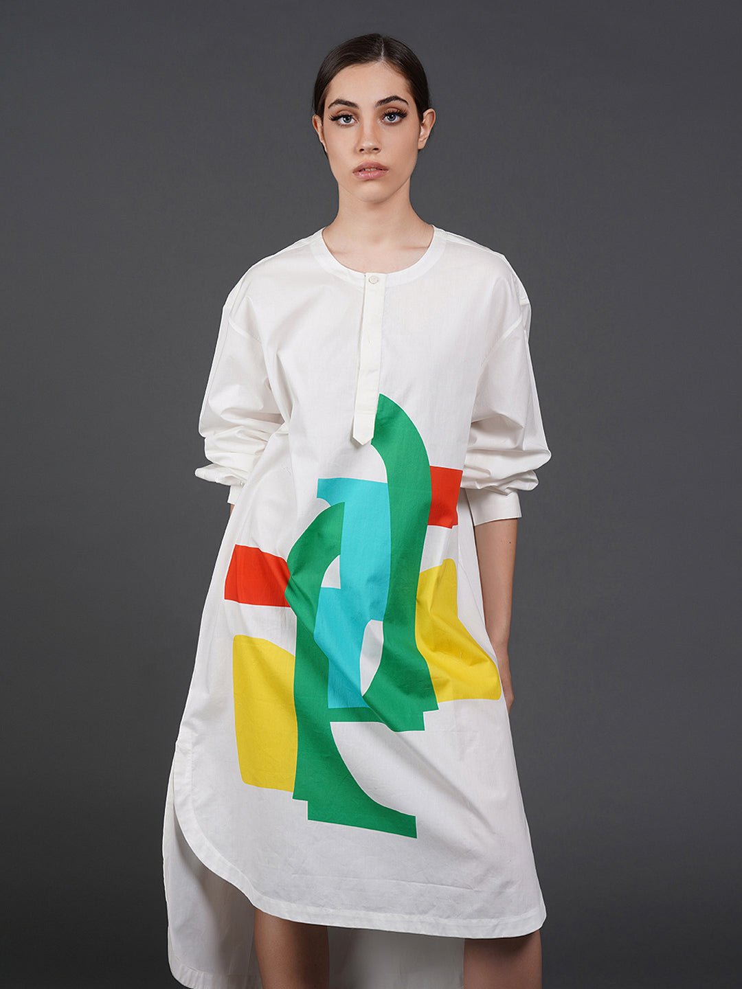 White cotton shirt showcasing abstract digital print in the front. - samantchauhan