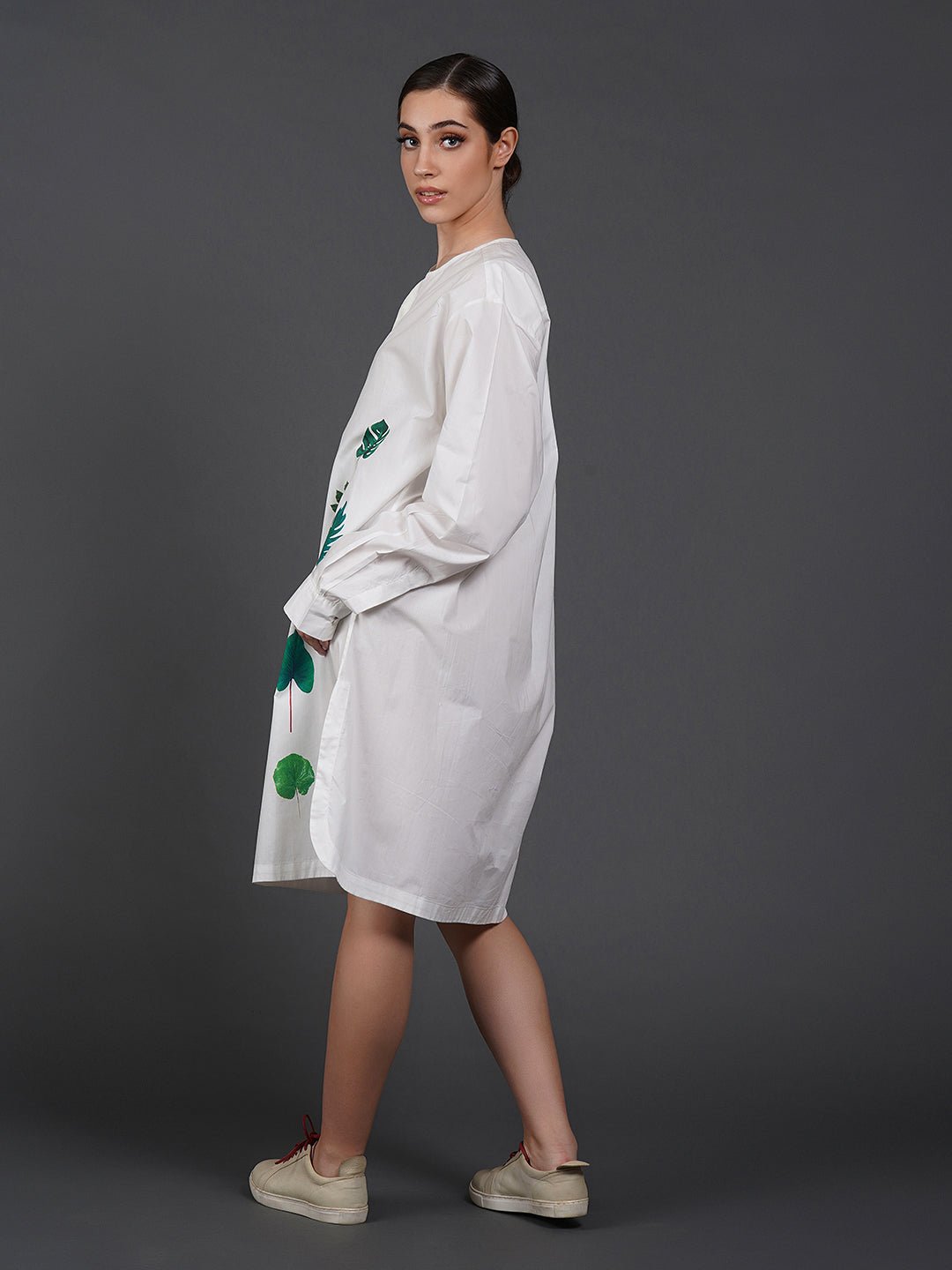 White cotton shirt showcasing abstract digital print in the front. - samantchauhan