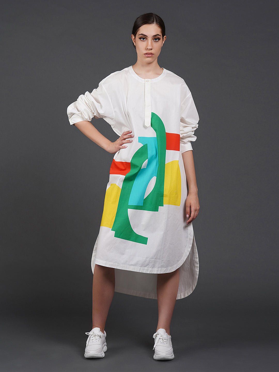 White cotton shirt showcasing abstract digital print in the front. - samantchauhan